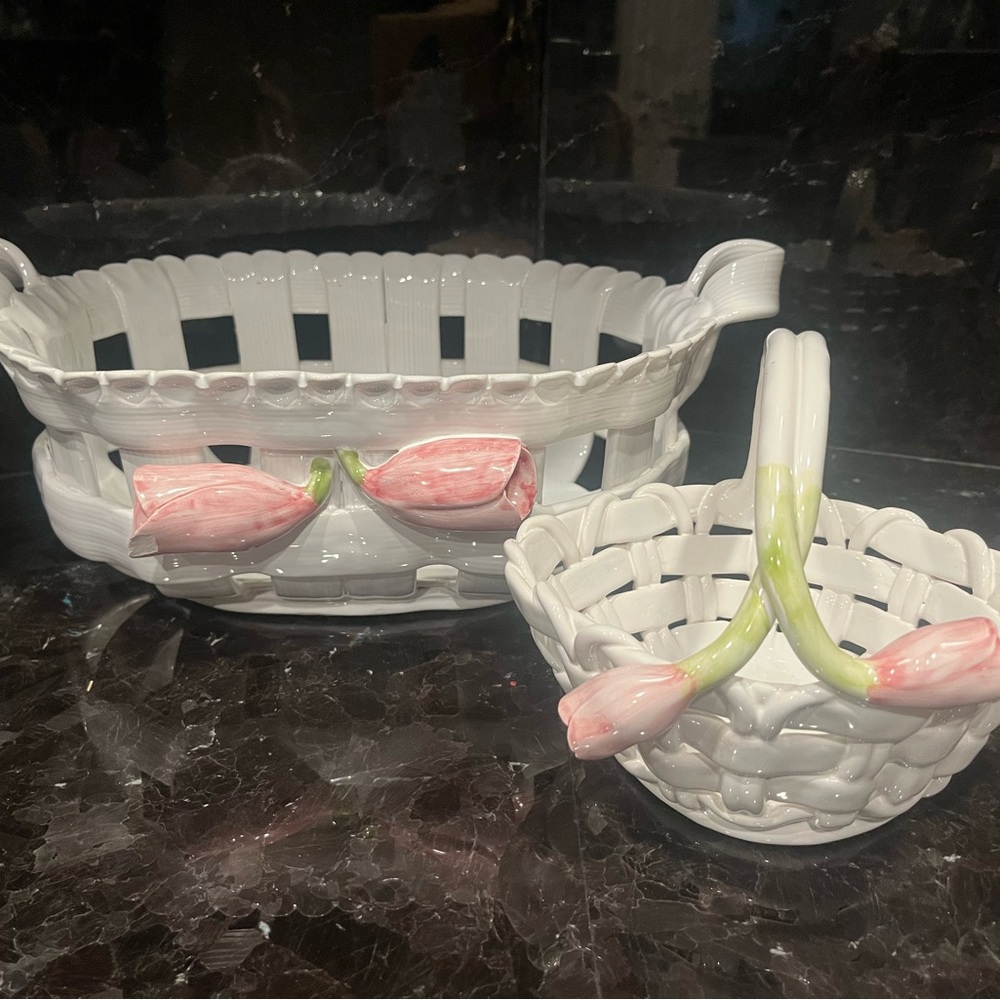 White Ceramic Basket with Pink Floral Design